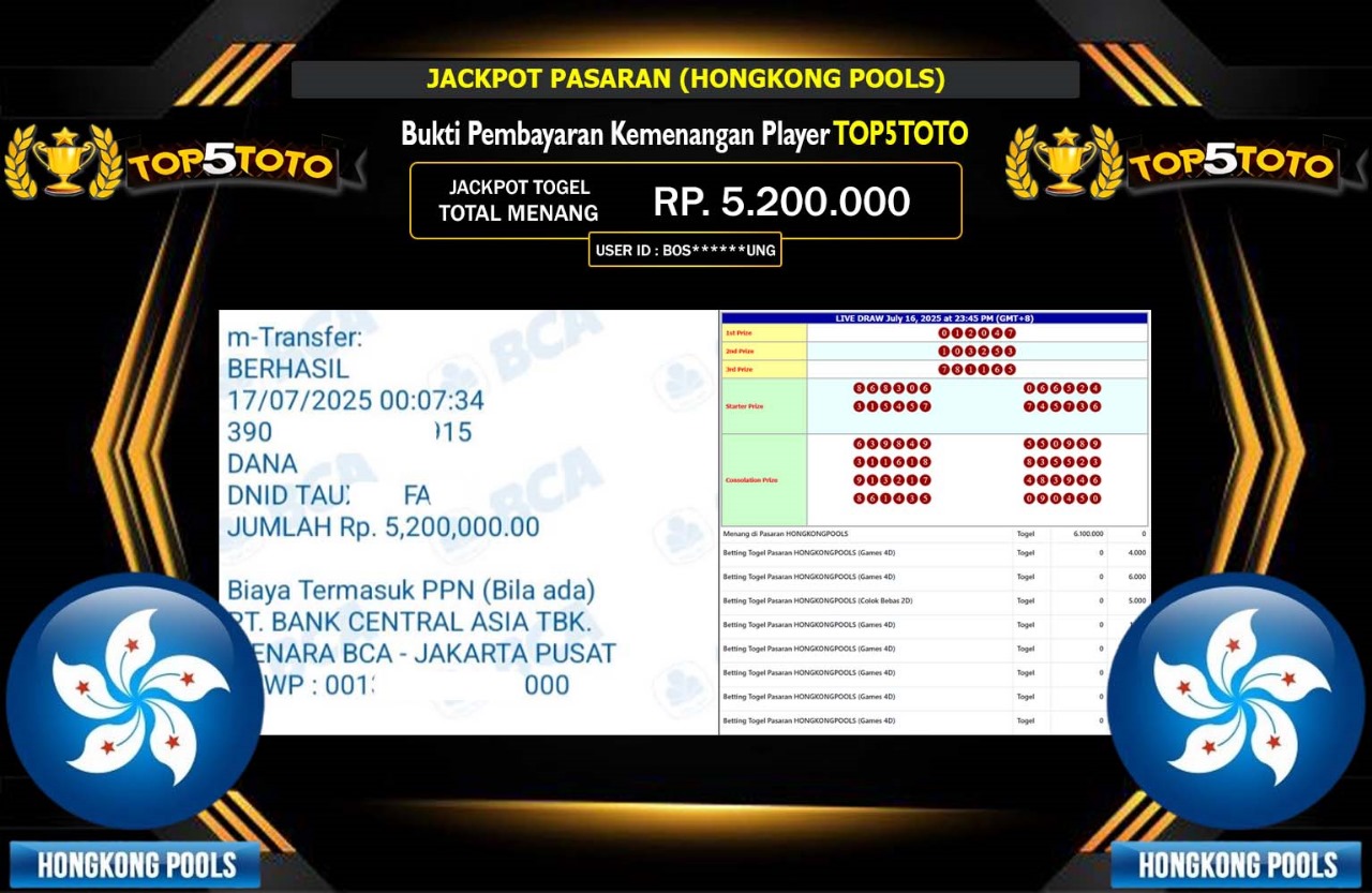 TOP5TOTO JACKPOT PASARAN HONGKONG POOLS Rp.5.200.000,- LUNAS