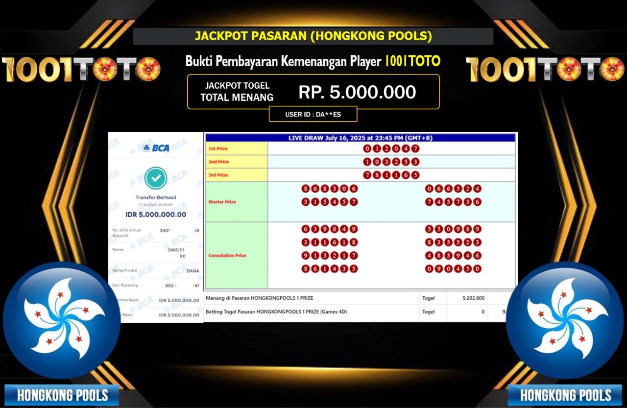 1001TOTO JACKPOT PASARANG HONGKONG POOLS Rp.5.000.000,- LUNAS