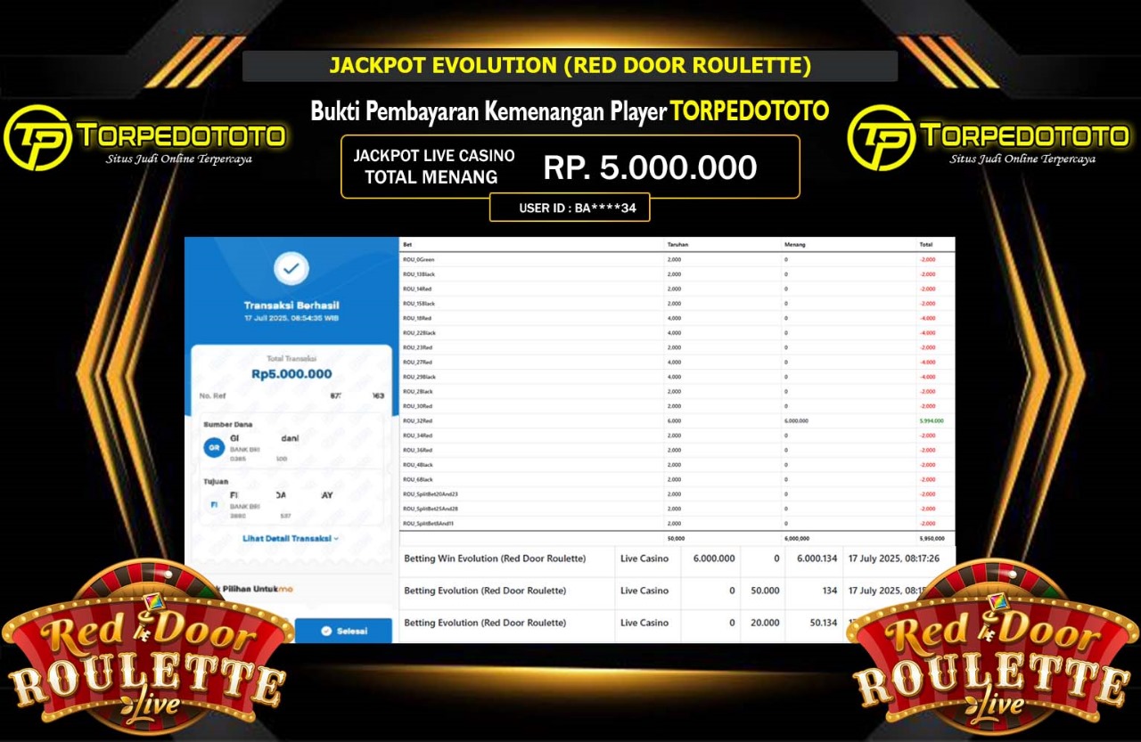 TORPEDOTOTO JACKPOT EVOLUTION RED DOOR ROULETTE Rp.5.000.000,- LUNAS