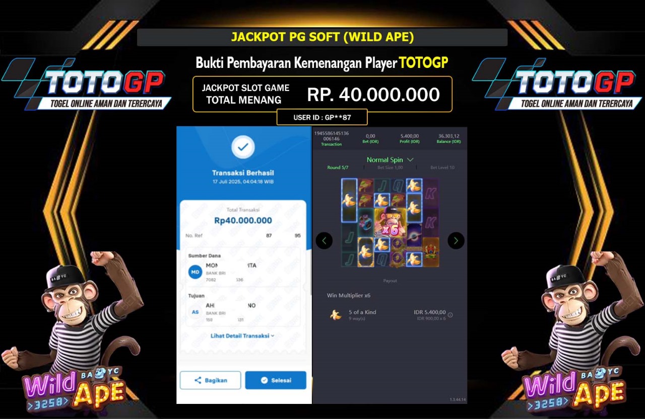 TOTOGP JACKPOT PG SOFT WILD APE Rp.40.000.000,- LUNAS