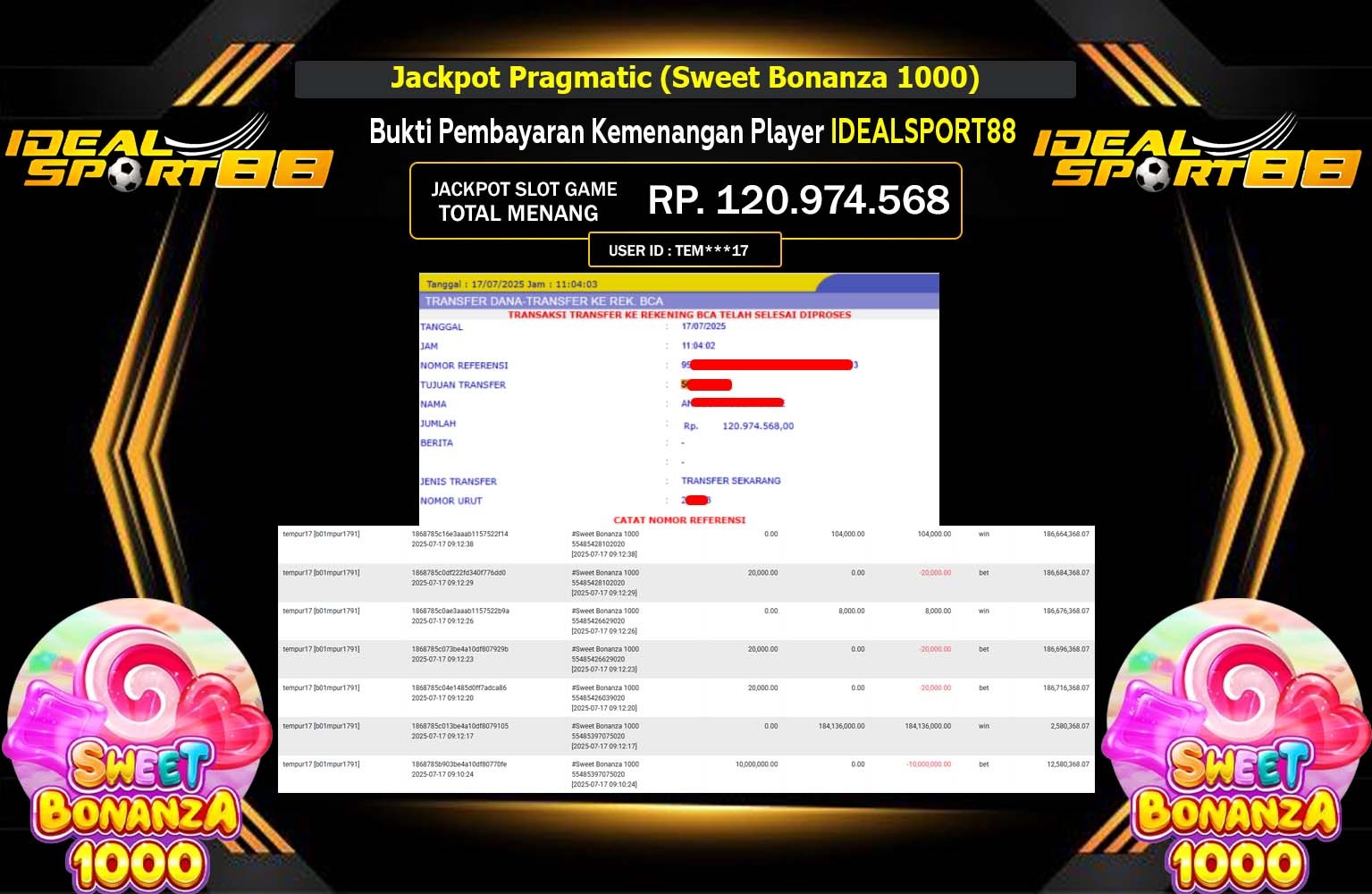 IDEALSPORT88 JACKPOT PRAGMATIC (Sweet Bonanza 1000) Rp.120.974.568,- LUNAS