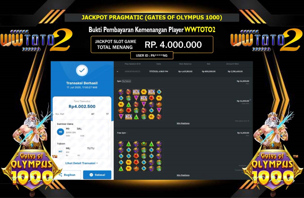 WWTOTO2 JACKPOT PRAGMATIC GATES OF OLYMPUS 1000 Rp.4.000.000,- LUNAS