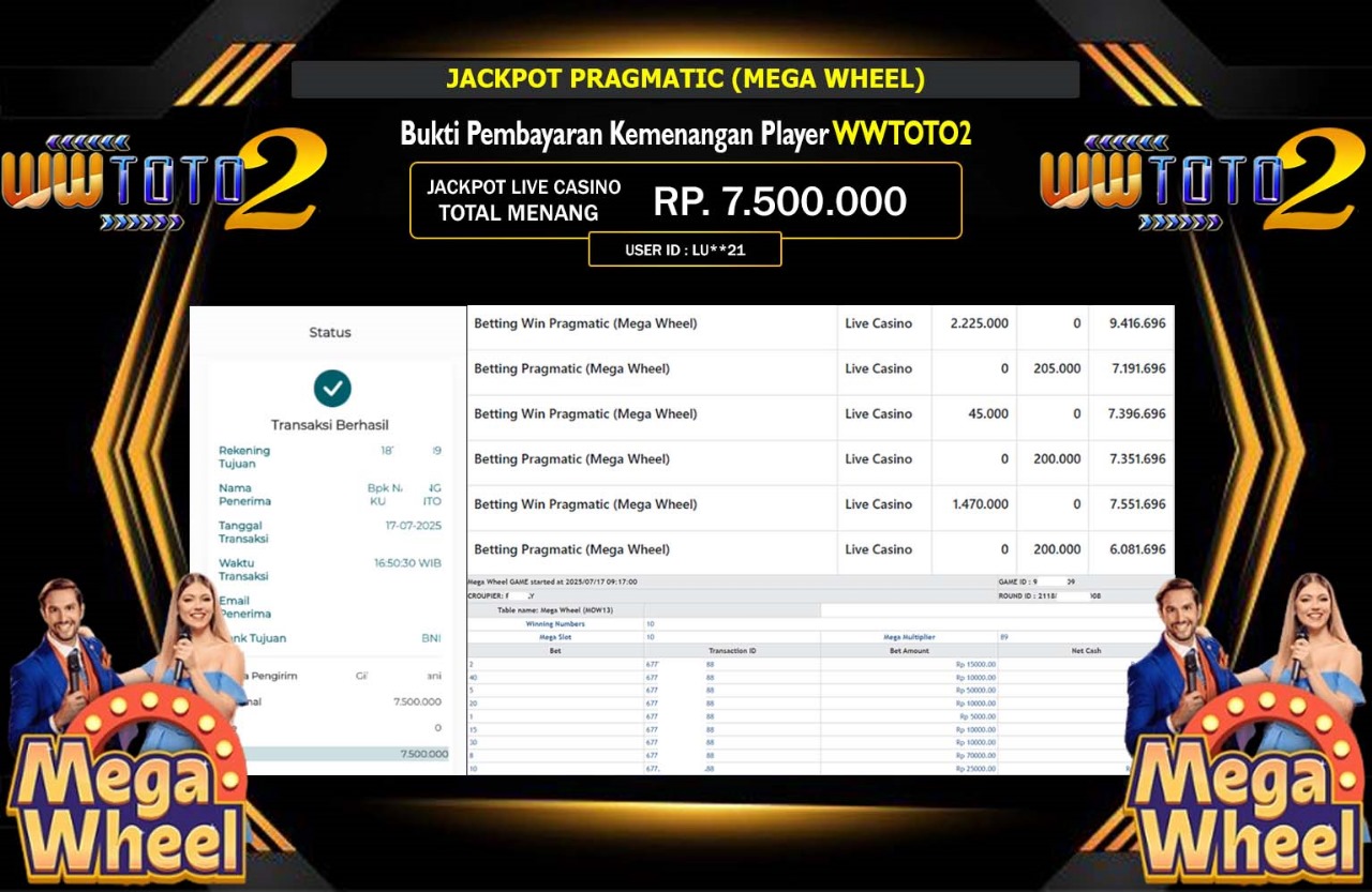 WWTOTO2 JACKPOT PRAGMATIC MEGA WHEEL Rp.7.500.000,- LUNAS