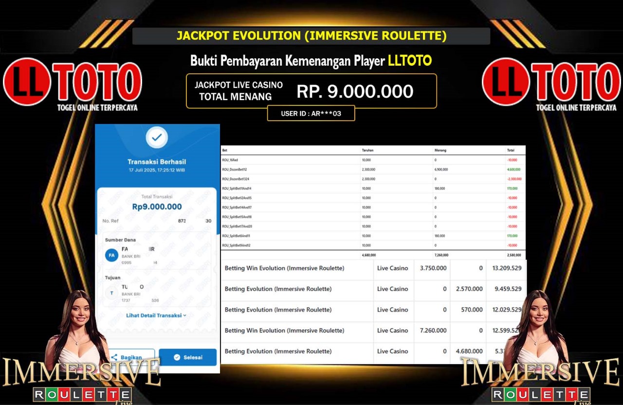 LLTOTO JACKPOT EVOLUTION IMMERSIVE ROULETTE Rp.9.000.000,- LUNAS