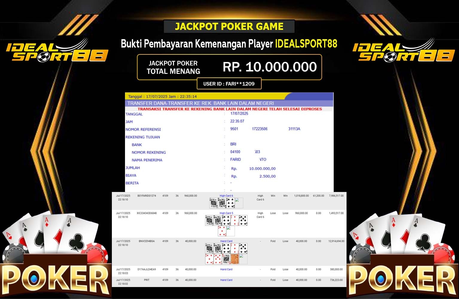IDEALSPORT88 JACKPOT GAME POKER Rp.10.000.000,- LUNAS