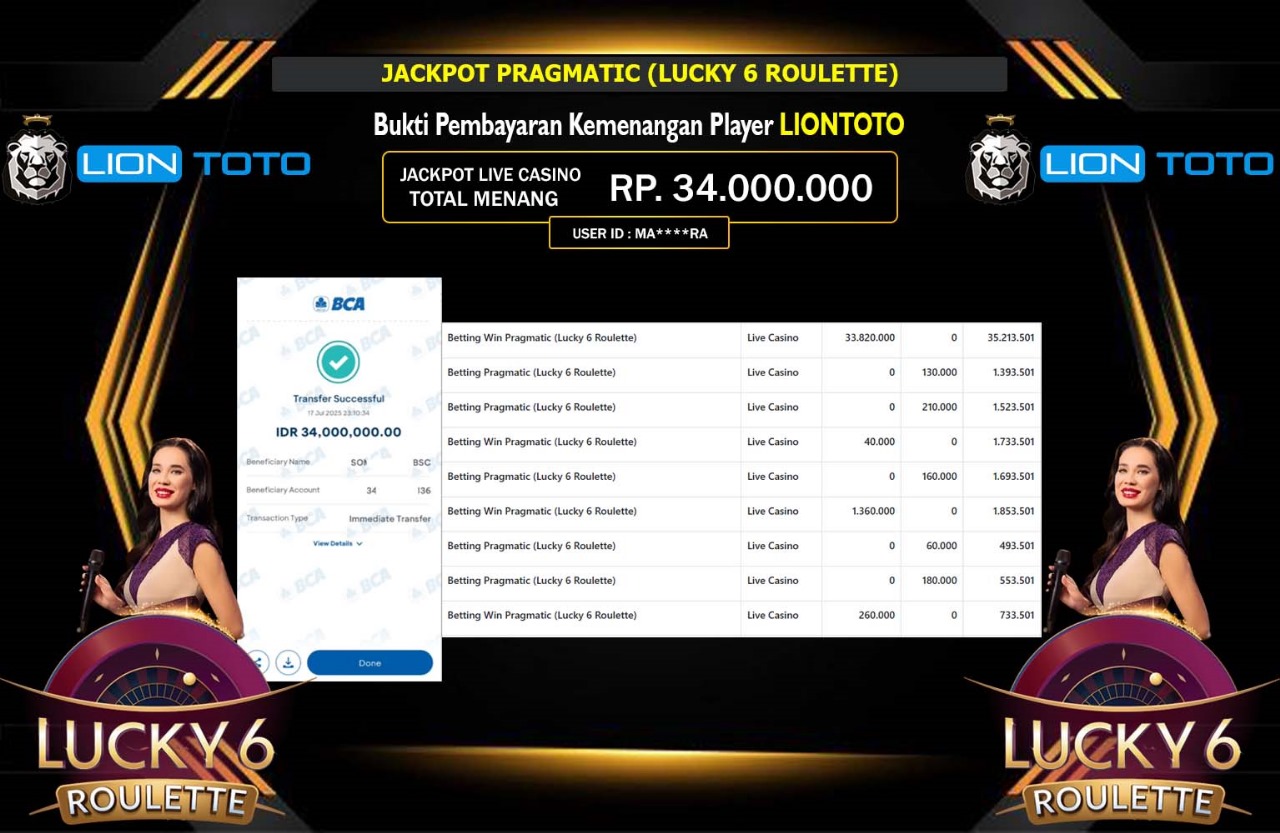 LIONTOTO JACKPOT PRAGMATIC LUCKY 6 ROULETTE Rp.34.000.000,- LUNAS