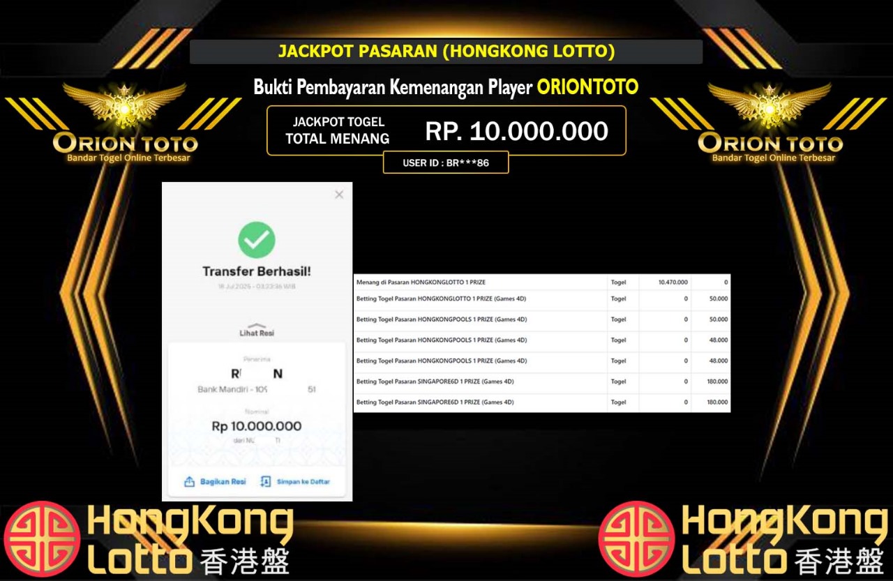 ORIONTOTO JACKPOT PASARAN HONGKONG LOTTO Rp.10.000.000,- LUNAS