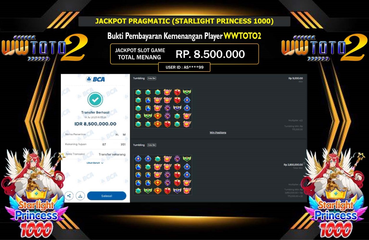 WWTOTO2 JACKPOT PRAGMATIC STARLIGHT PRINCESS 1000 Rp.8.500.000,- LUNAS