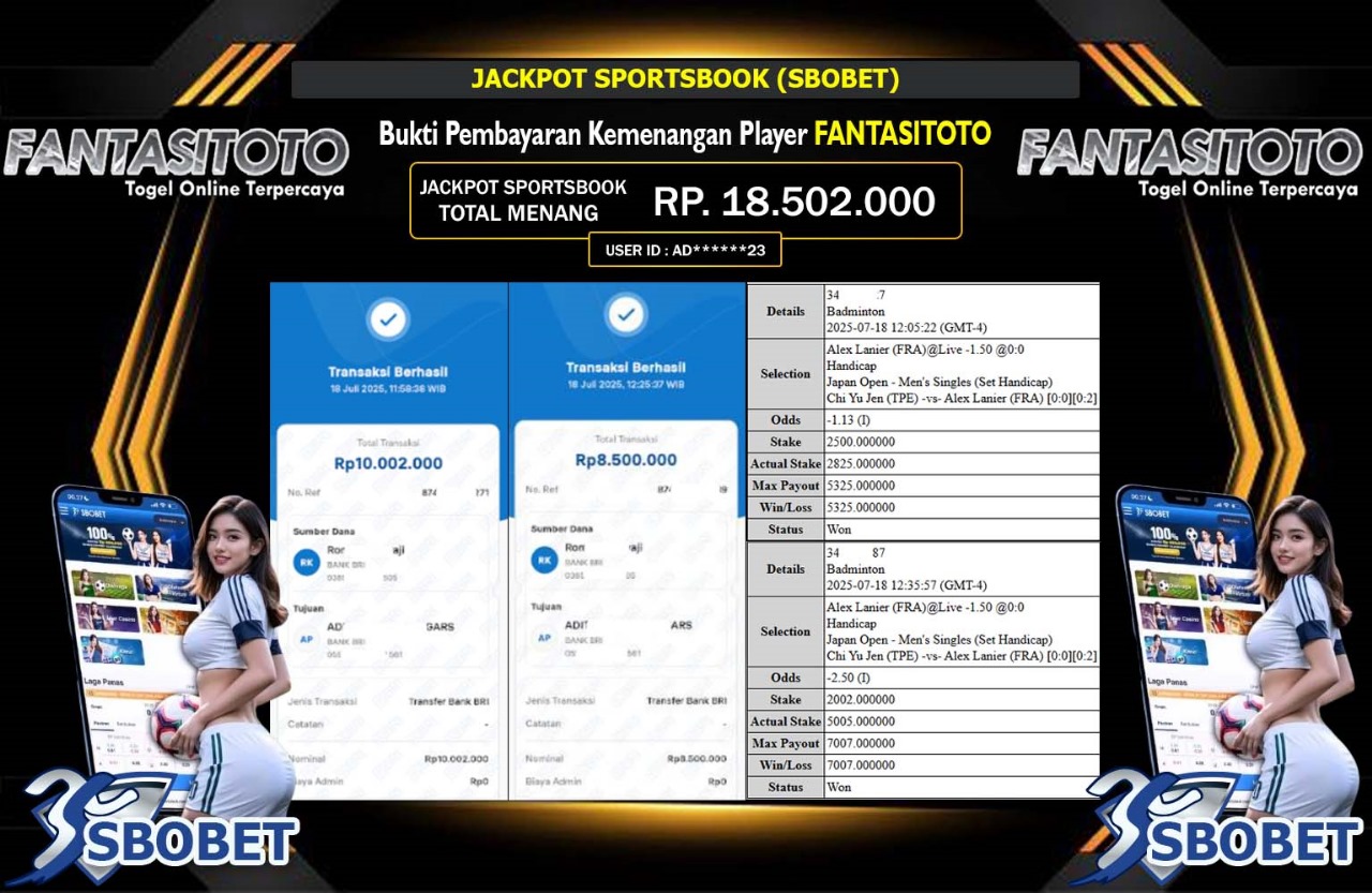 FANTASITOTO JACKPOT SPORTSBOOK SBOBET Rp.18.502.000,- LUNAS