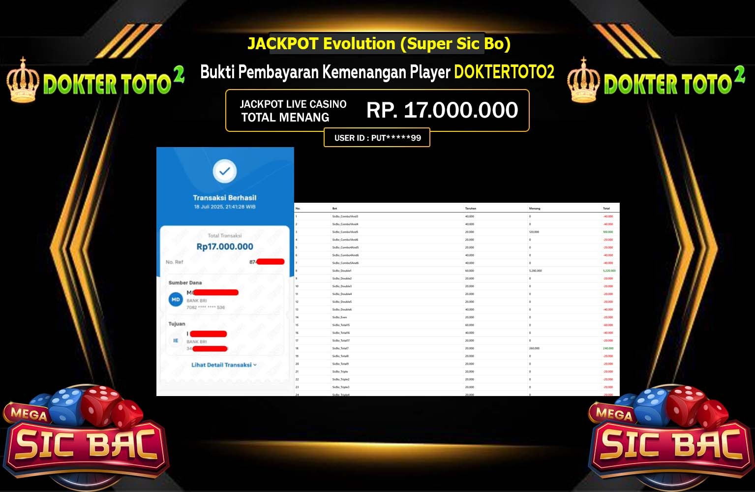 DOKTERTOTO2 JACKPOT Evolution (Super Sic Bo) Rp.17.000.000,- LUNAS