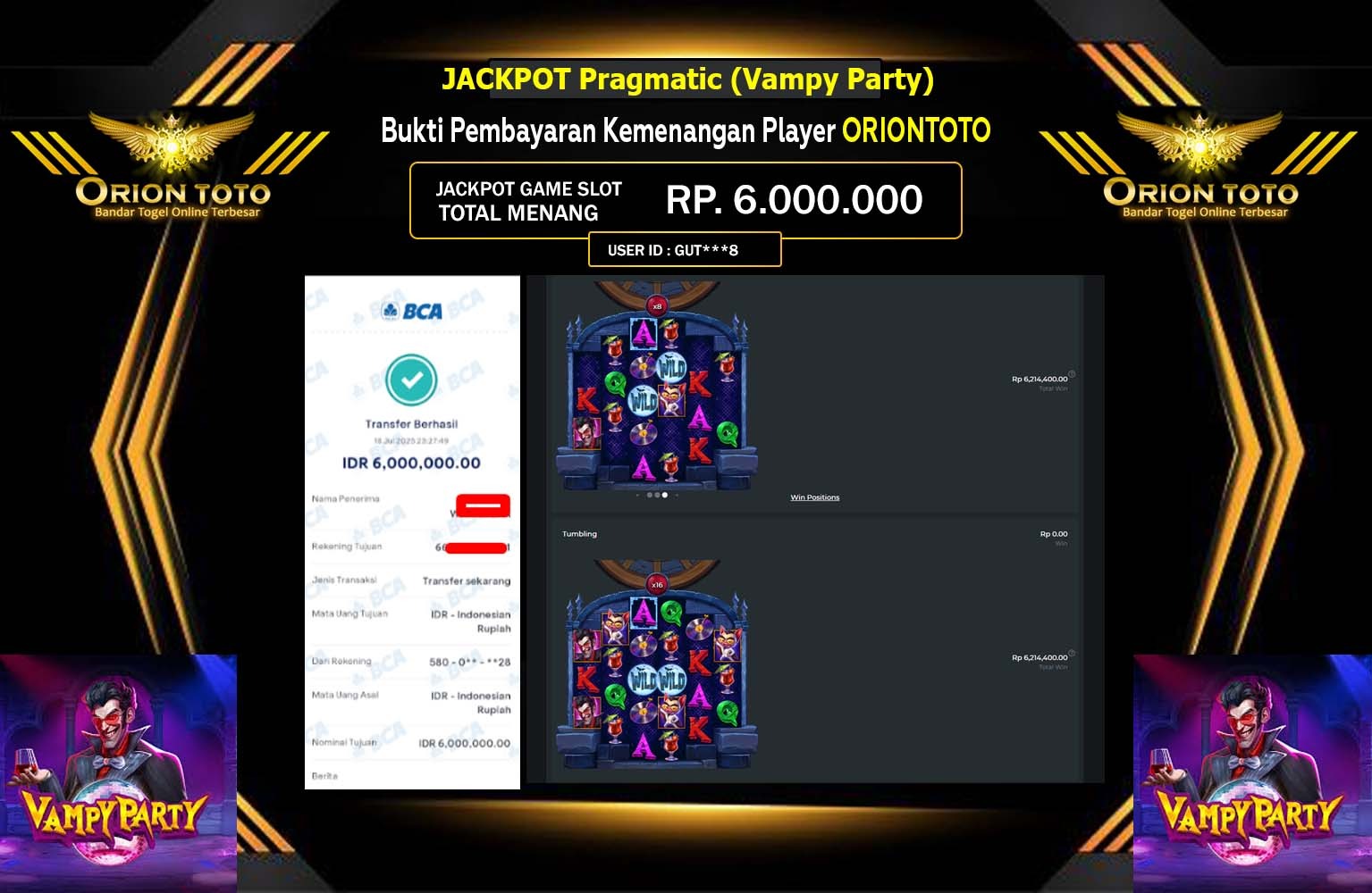 ORIONTOTO JACKPOT Pragmatic (Vampy Party) Rp.6.000.000,- LUNAS