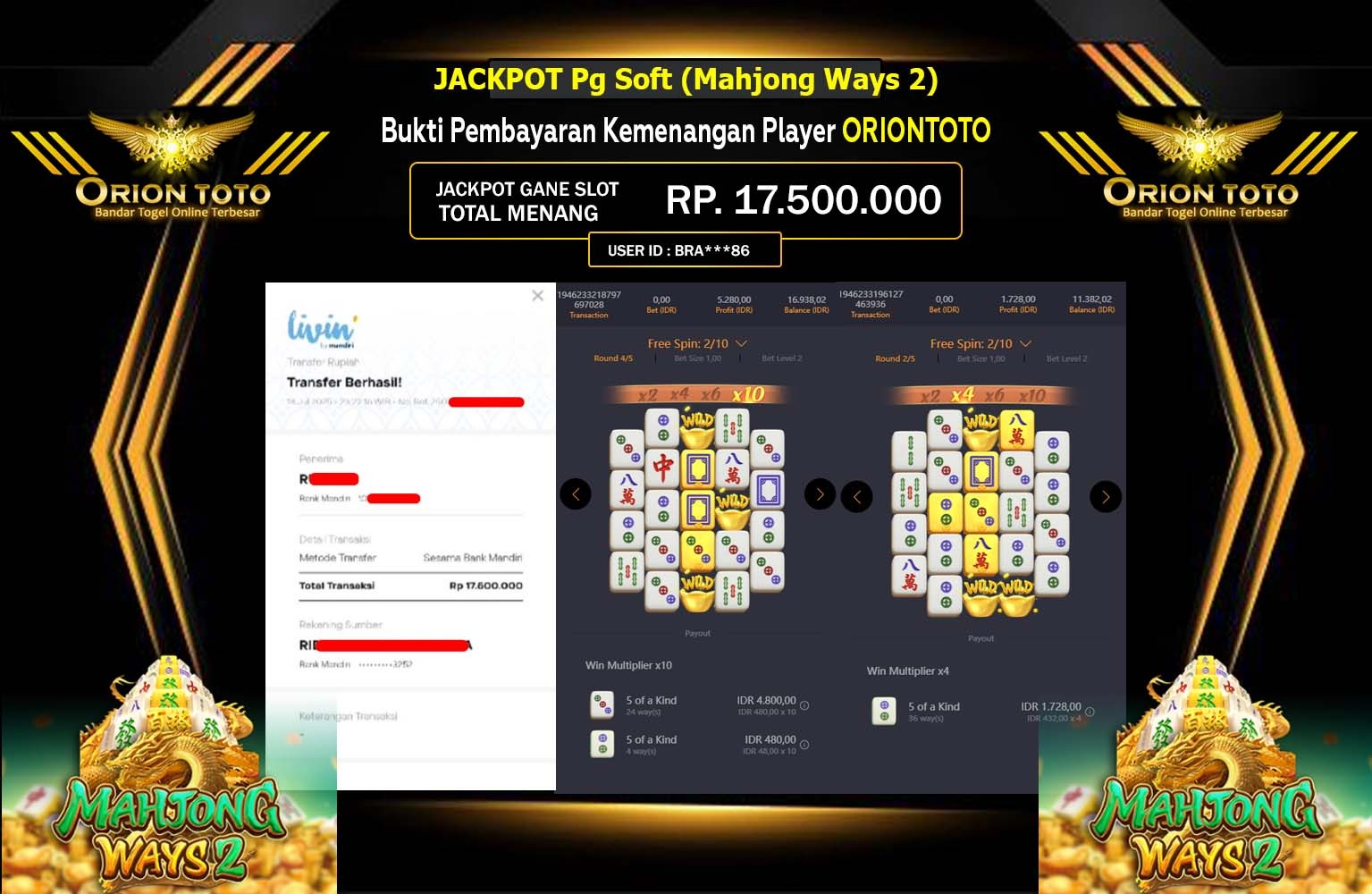 ORIONTOTO JACKPOT PG SOFT (MAHJONG WAYS 2) Rp.17.500.000,- LUNAS