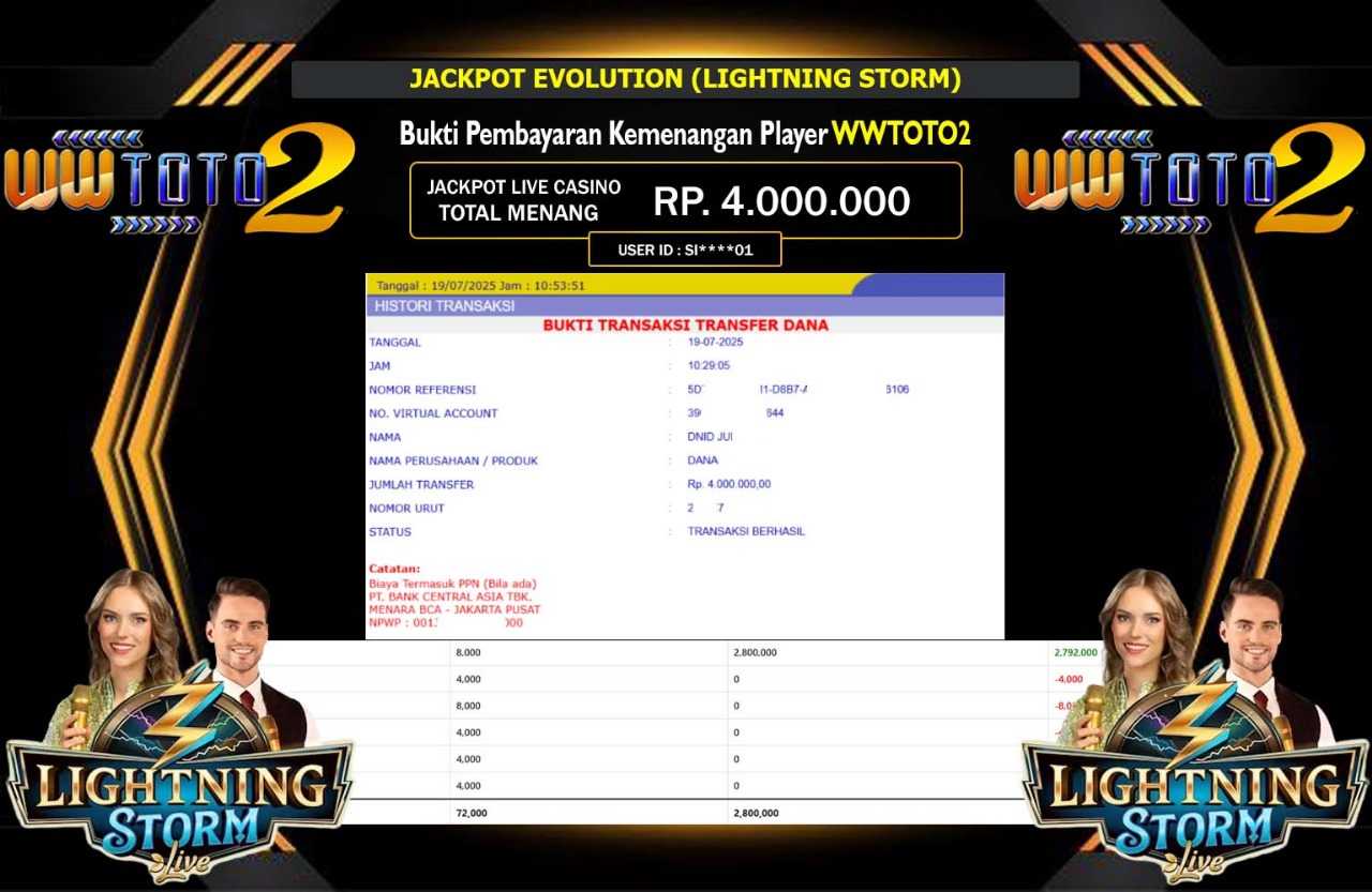 WWTOTO2 JACKPOT EVOLUTION (LIGHTNING STORM) Rp.4.000.000,- LUNAS