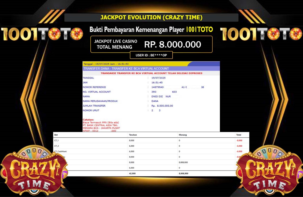 1001TOTO JACKPOT EVOLUTION (CRAZY TIME) Rp.8.000.000,- LUNAS