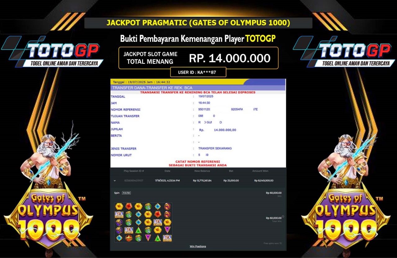 TOTOGP JACKPOT PRAGMATIC (GATES OF OLYMPUS 1000) Rp.14.000.000,- LUNAS