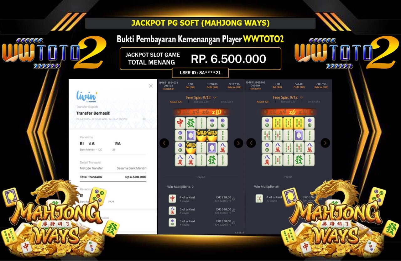 WWTOTO2 JACKPOT PG SOFT (MAHJONG WAYS) Rp.6.500.000,- LUNAS