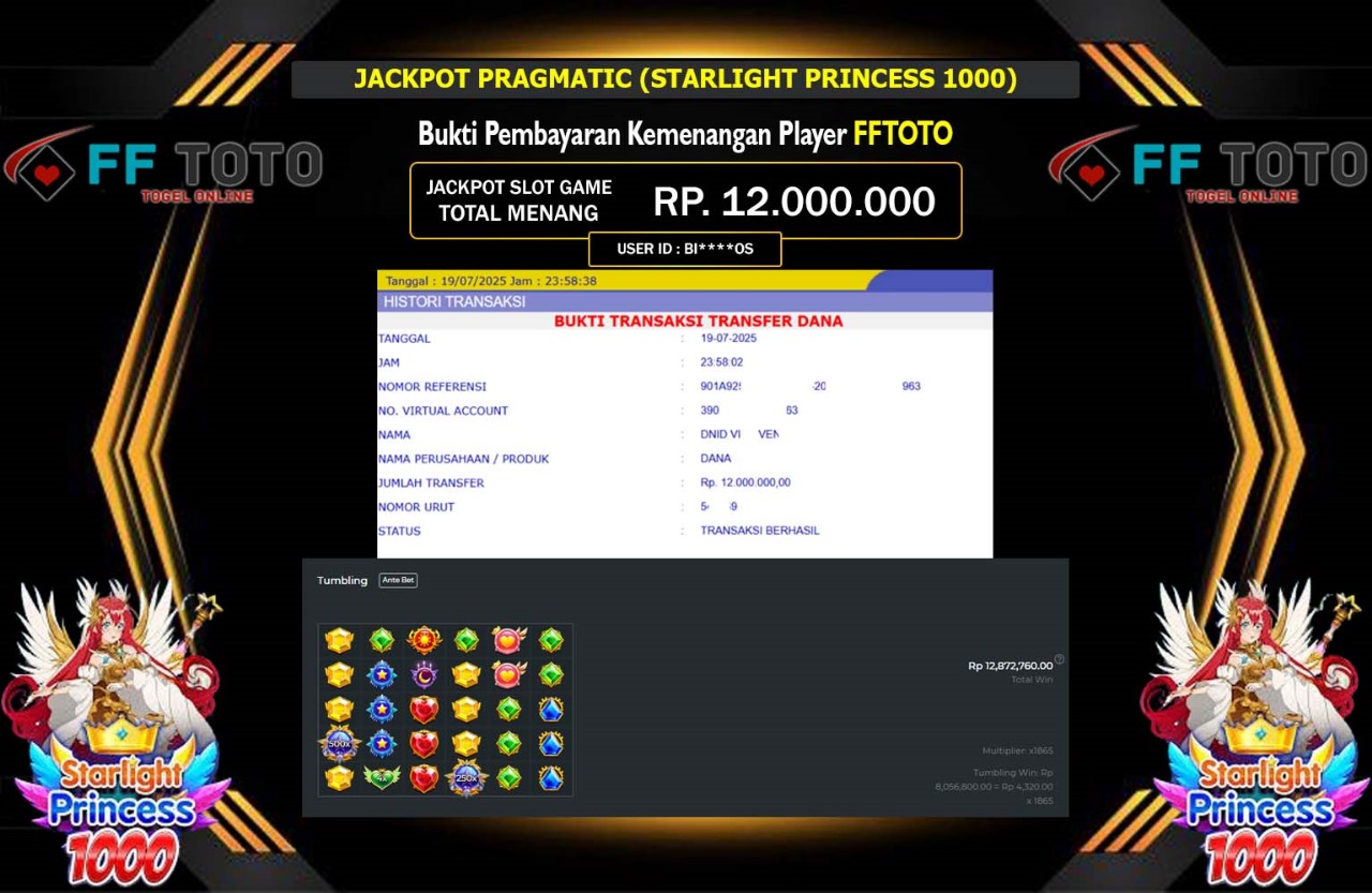 FFTOTO JACKPOT PRAGMATIC (STARLIGHT PRINCESS 1000) Rp.12.000.000,- LUNAS