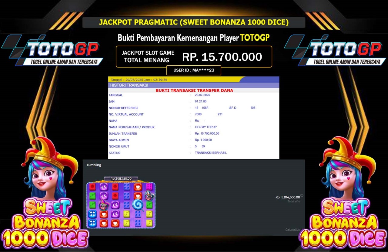 TOTOGP JACKPOT PRAGMATIC (SWEET BONANZA 1000 DICE) Rp.15.700.000,- LUNAS