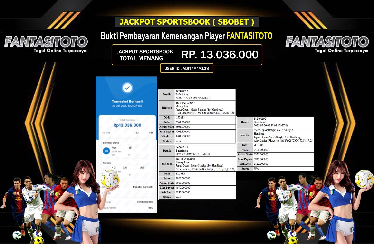 FANTASITOTO JACKPOT SPORTSBOOK (SBO BET) Rp.13.036.000,- LUNAS