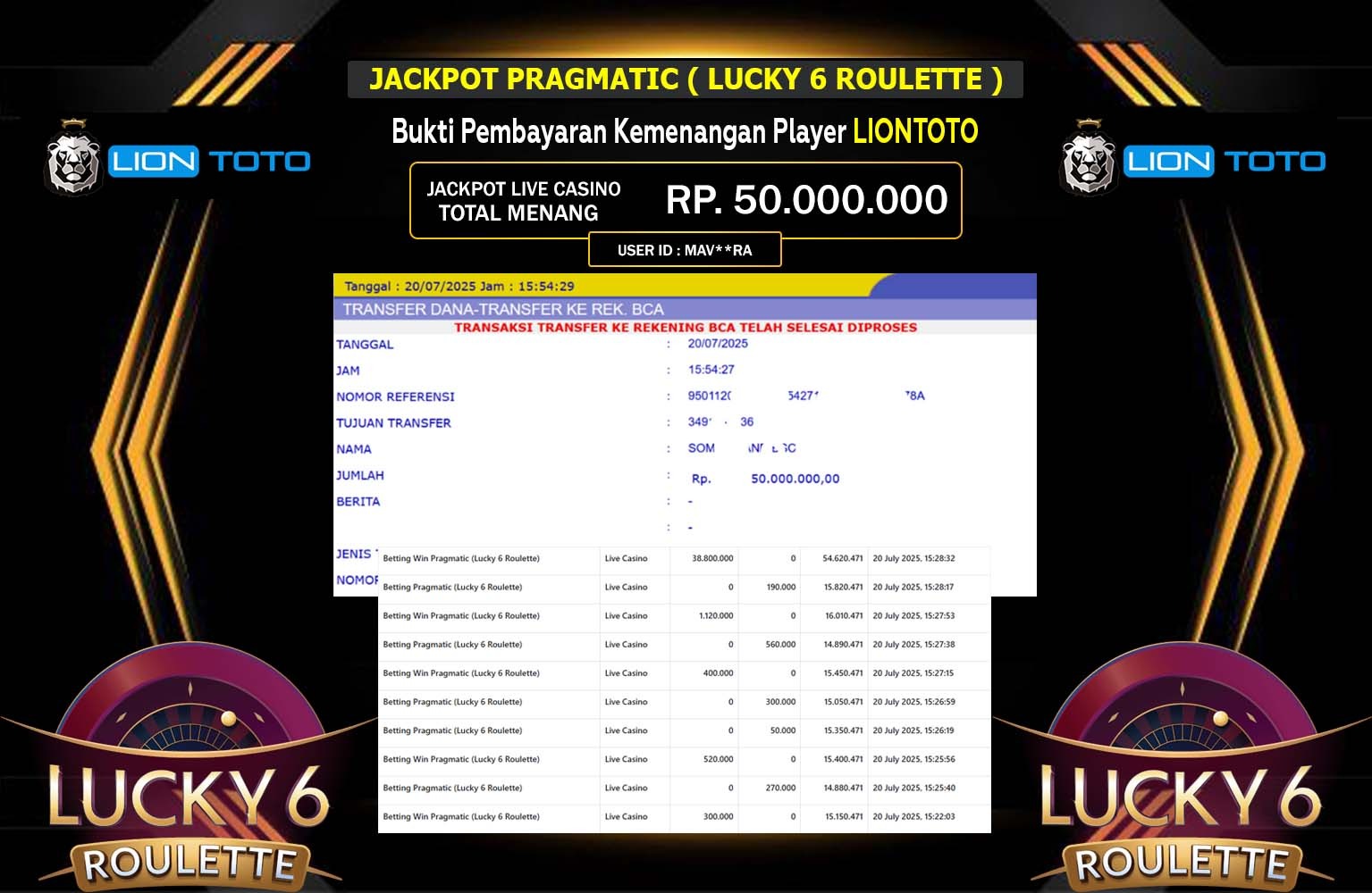 LIONTOTO JACKPOT PRAGMATIC (LUCKY 6 ROULETTE) Rp.50.000.000,- LUNAS