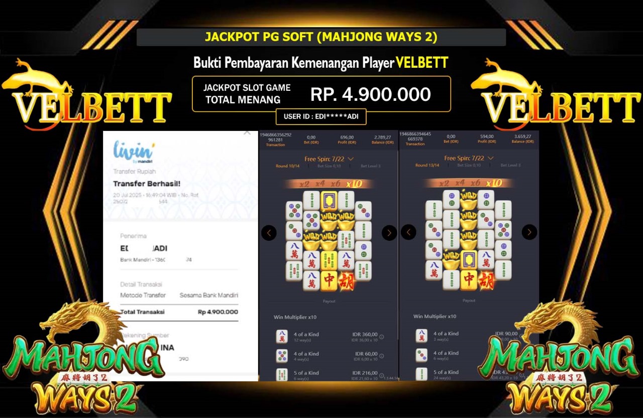 VELBETT JACKPOT PG SOFT (MAHJONG WAYS 2) Rp.4.900.000,- LUNAS