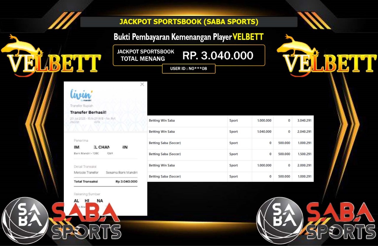 VELBETT JACKPOT SPORTSBOOK (SABA SPORTS) Rp.3.040.000,- LUNAS