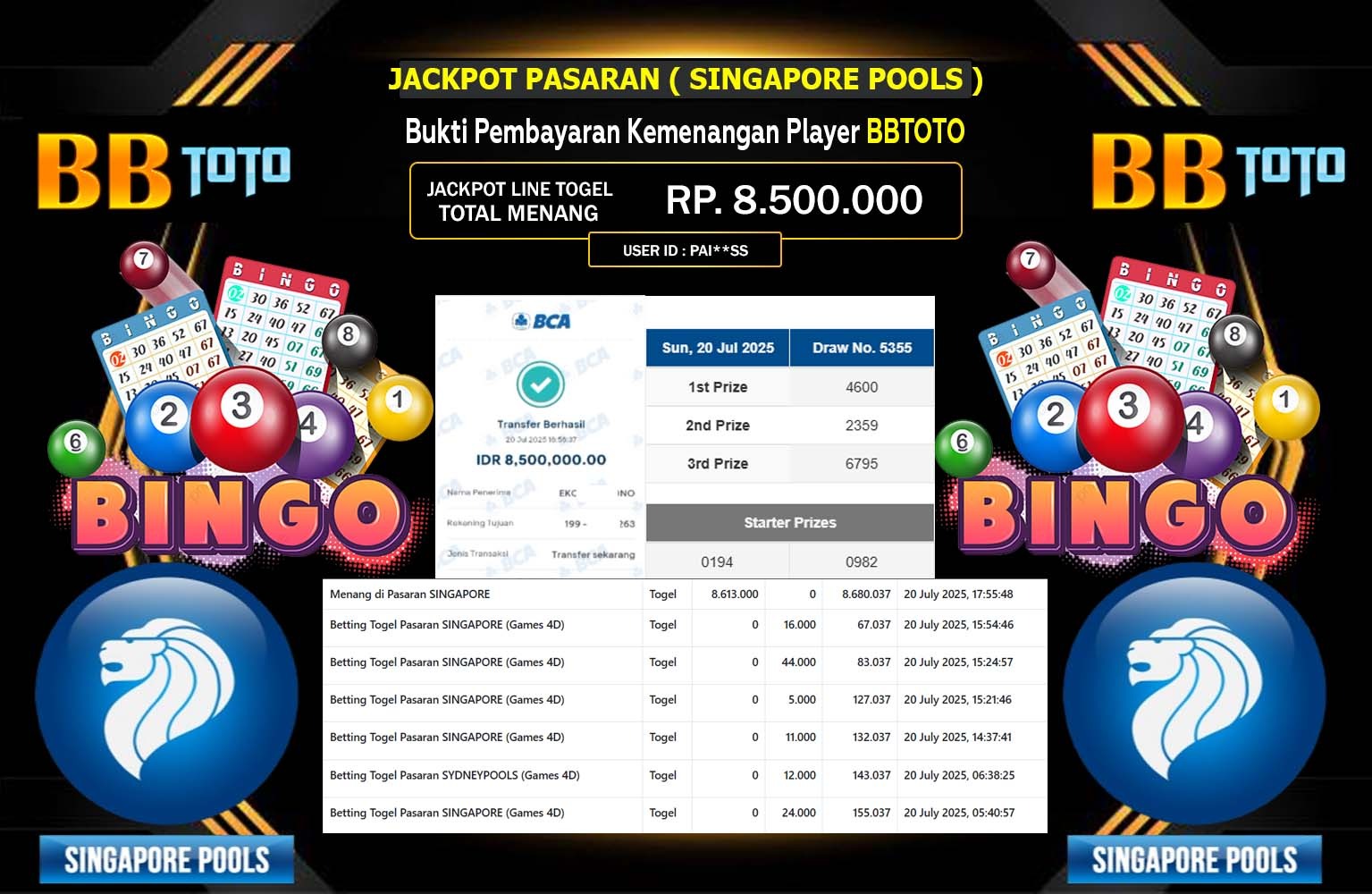 BBTOTO JACKPOT LINE TOGEL (SINGAPORE POOLS) Rp.8.500.000,- LUNAS