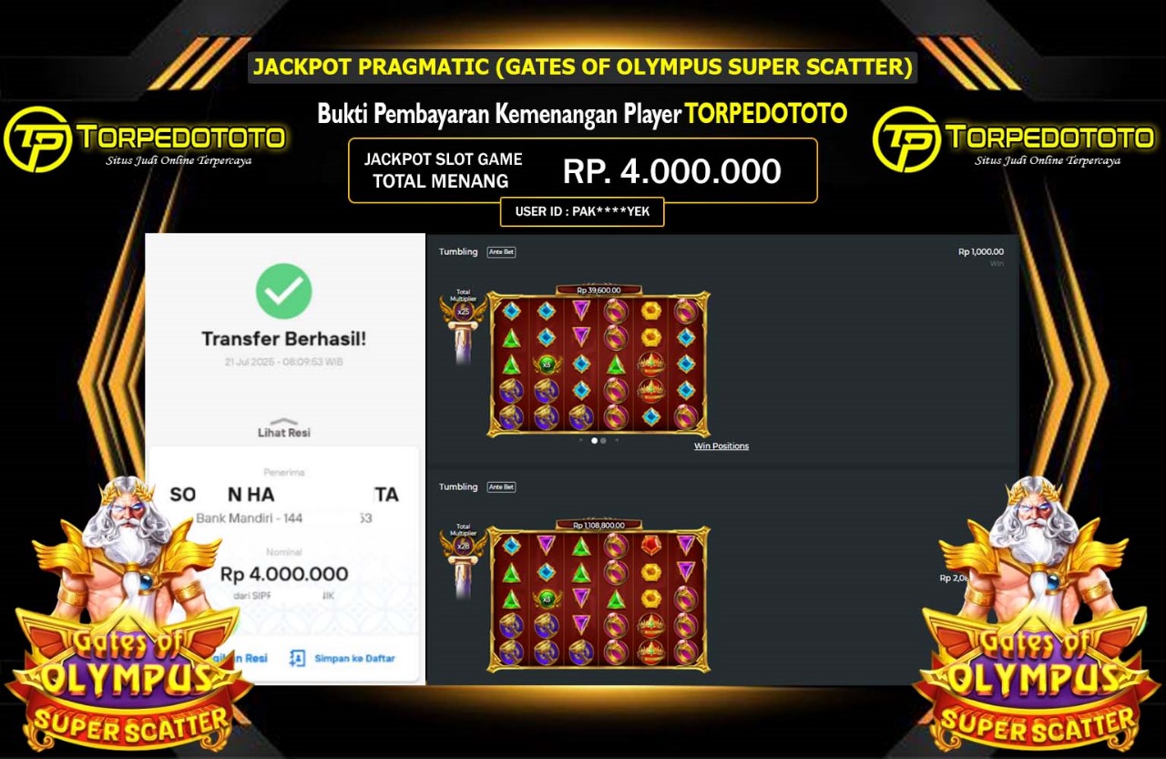 TORPEDOTOTO JACKPOT PRAGMATIC (GATES OF OLYMPUS SUPER SCATTER) Rp.4.000.000,- LUNAS