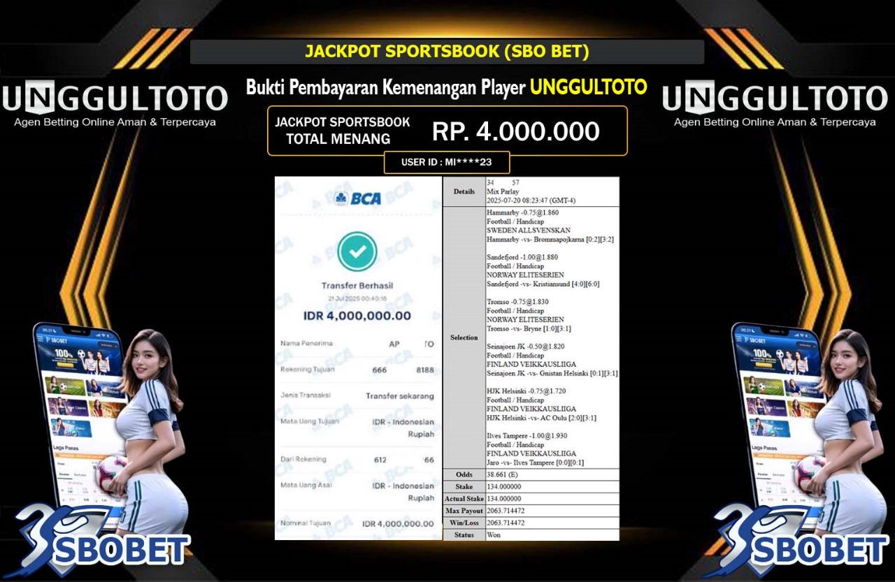 UNGGULTOTO JACKPOT SPORTSBOOK (SBO BET) Rp.4.000.000,- LUNAS