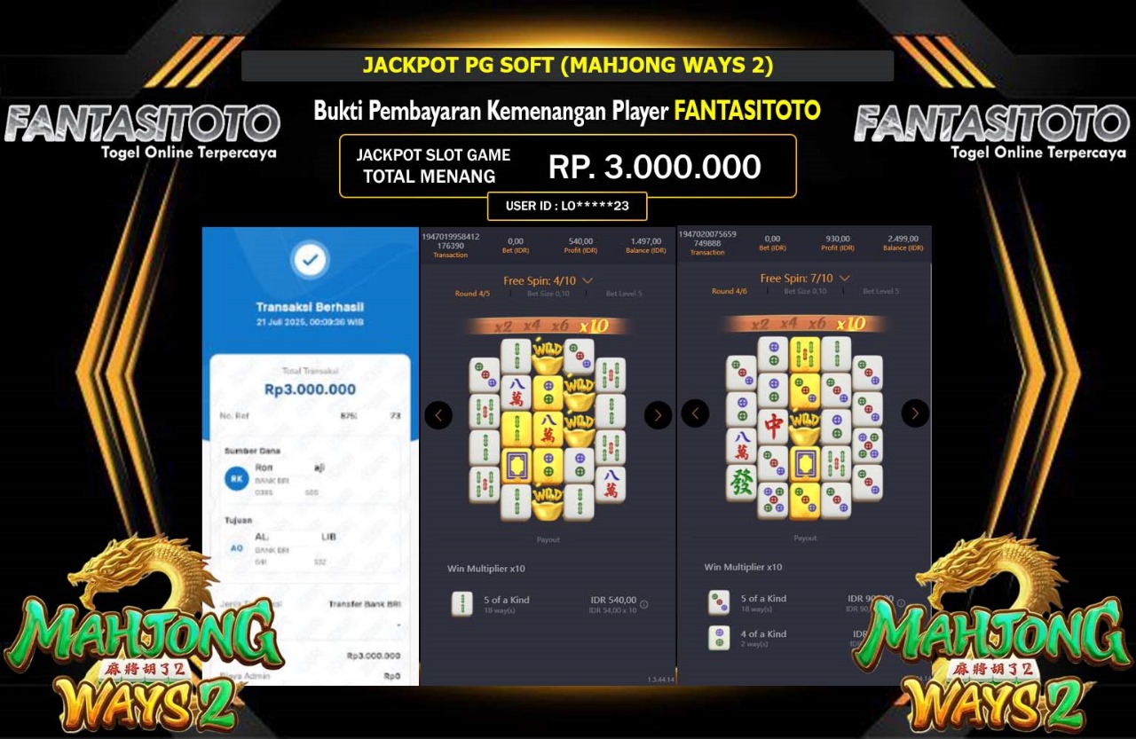 FANTASITOTO JACKPOT PG SOFT (MAHJONG WAYS 2) Rp.3.000.000,- LUNAS
