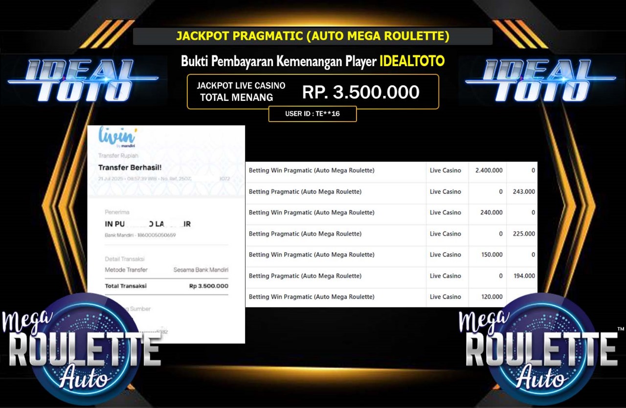 IDEALTOTO JACKPOT PRAGMATIC (AUTO MEGA ROULETTE) Rp.3.500.000,- LUNAS