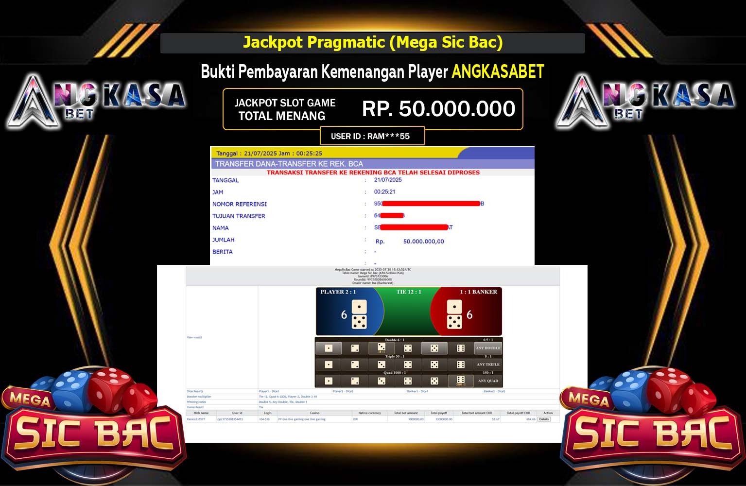 ANGKASABET JACKPOT PRAGMATIC (MEGA SIC BAC) Rp.50.000.000,- LUNAS