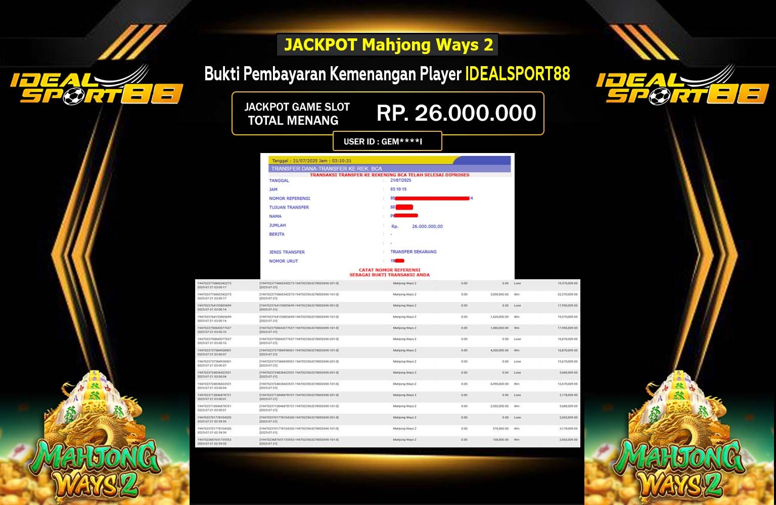 IDEALSPORT88 JACKPOT SLOT MAHJONG WAYS 2 Rp.26.000.000,- LUNAS