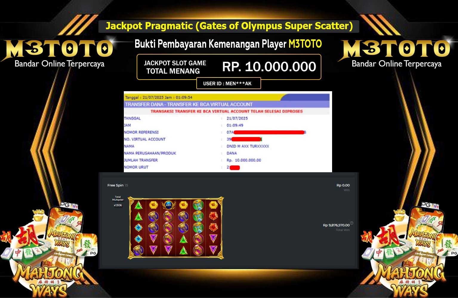 M3TOTO JACKPOT Pragmatic (Gates of Olympus Super Scatter) Rp.10.000.000,- LUNAS