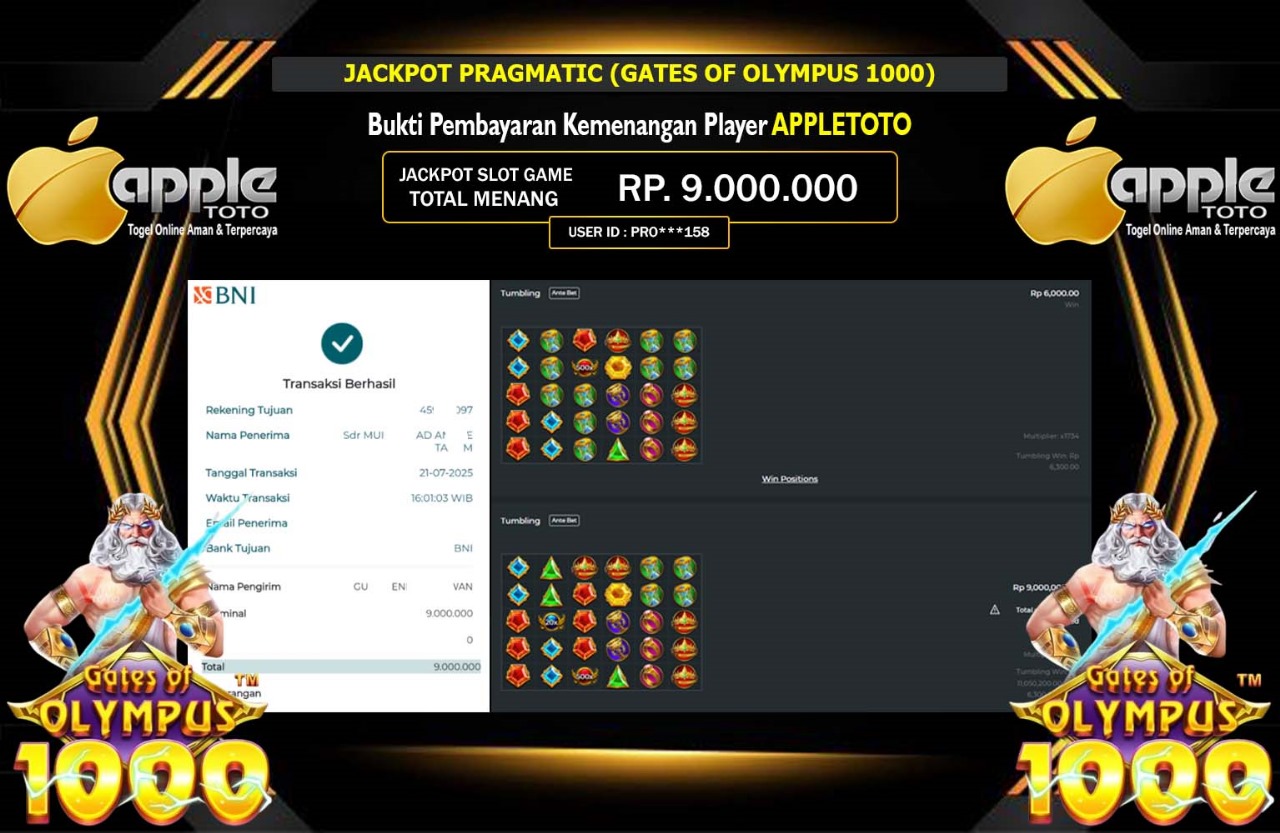 APPLETOTO JACKPOT PRAGMATIC GATES OF OLYMPUS 1000 Rp.9.000.000,- LUNAS