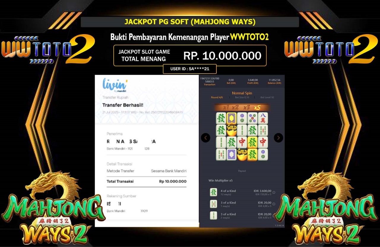 WWTOTO2 JACKPOT PG SOFT MAHJONG WAYS Rp.10.000.000,- LUNAS