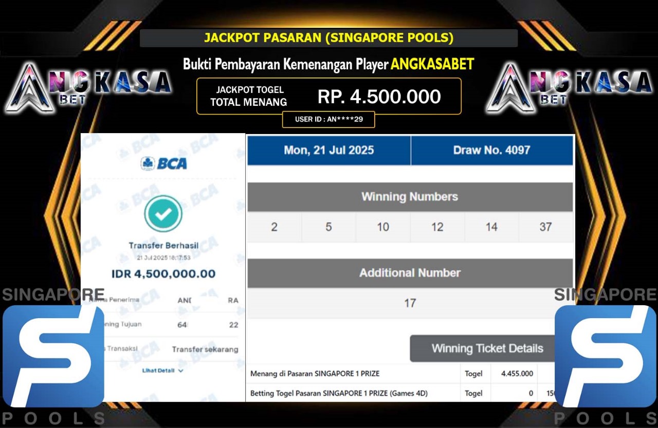 ANGKASABET JACKPOT PASARAN SINGAPORE POOLS Rp.4.500.000,- LUNAS