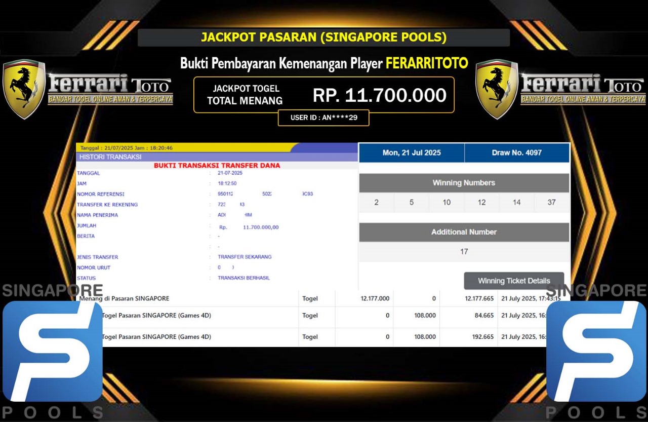 FERARRITOTO JACKPOT PASARAN SINGAPORE POOLS Rp.11.700.000,- LUNAS