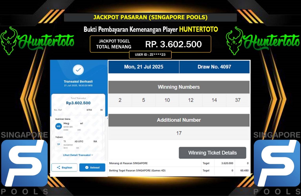 HUNTERTOTO JACKPOT PASARAN SINGAPORE POOLS Rp.3.602.500,- LUNAS