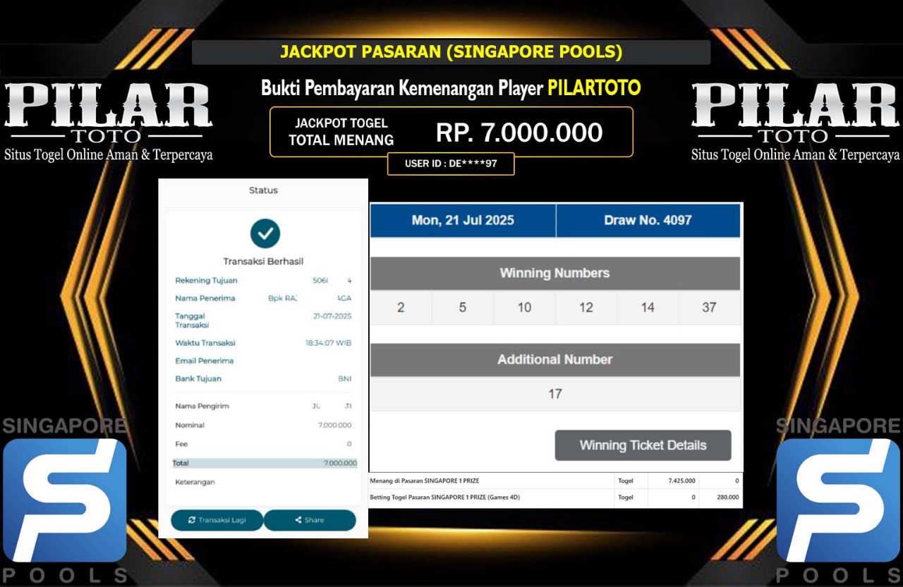 PILARTOTO JACKPOT PASARAN SINGAPORE POOLS Rp.7.000.000,- LUNAS