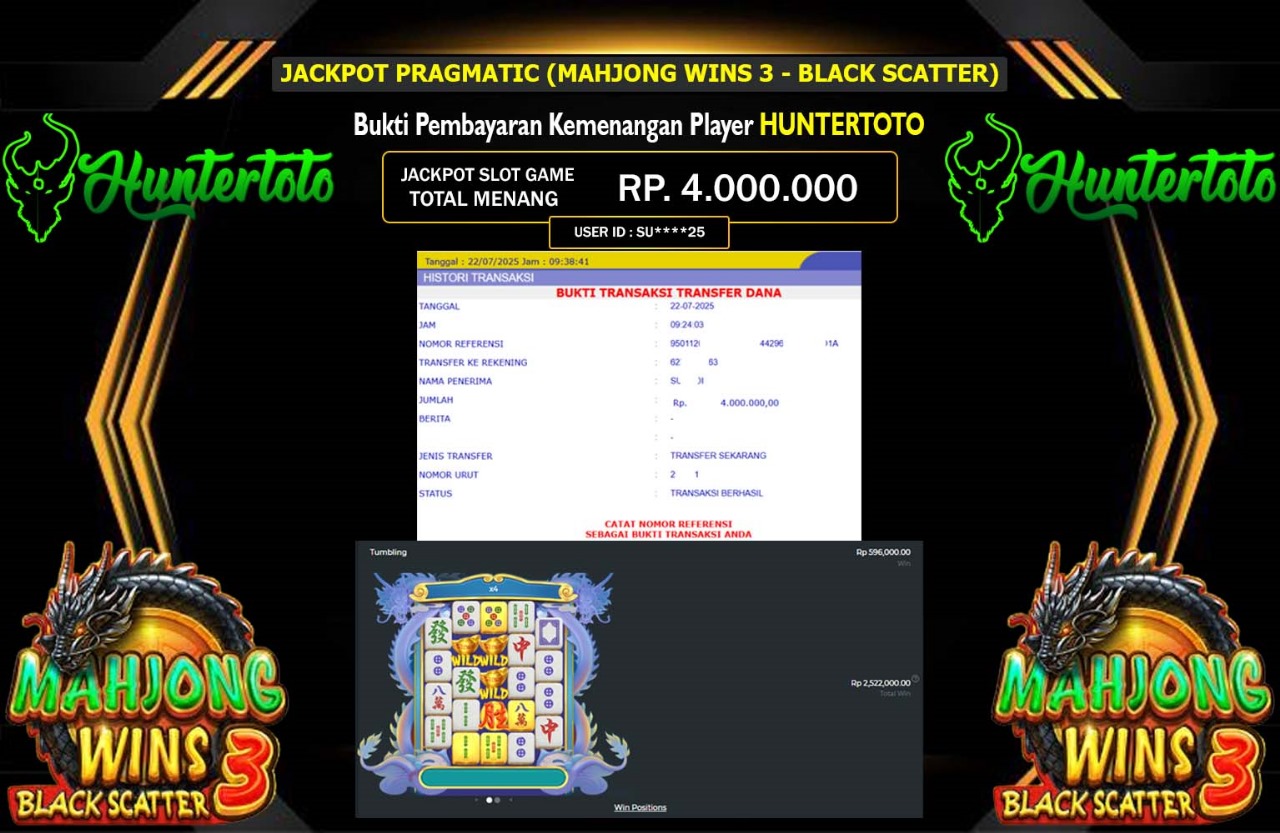 HUNTERTOTO JACKPOT PRAGMATIC MAHJONG WINS 3 - BLACK SCATTER Rp.4.000.000,- LUNAS