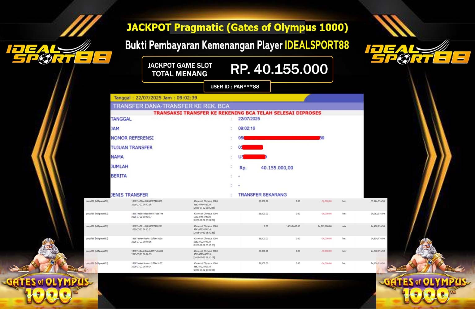 IDEALSPORT88 JACKPOT SLOT GATES OF OLYMPUS 1000 Rp.40.155.000,- LUNAS