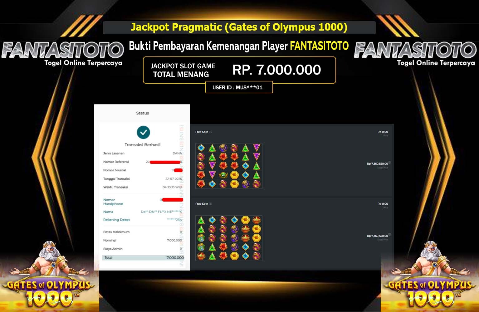 FANTASITOTO JACKPOT PRAGMATIC GATES OF OLYMPUS 1000 Rp.7.000.000,- LUNAS