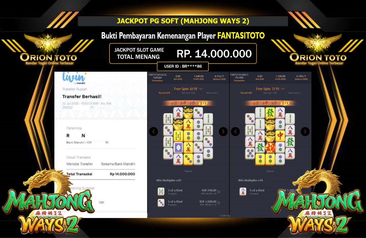 ORIONTOTO JACKPOT PG SOFT MAHJONG WAYS 2 Rp.14.000.000,- LUNAS