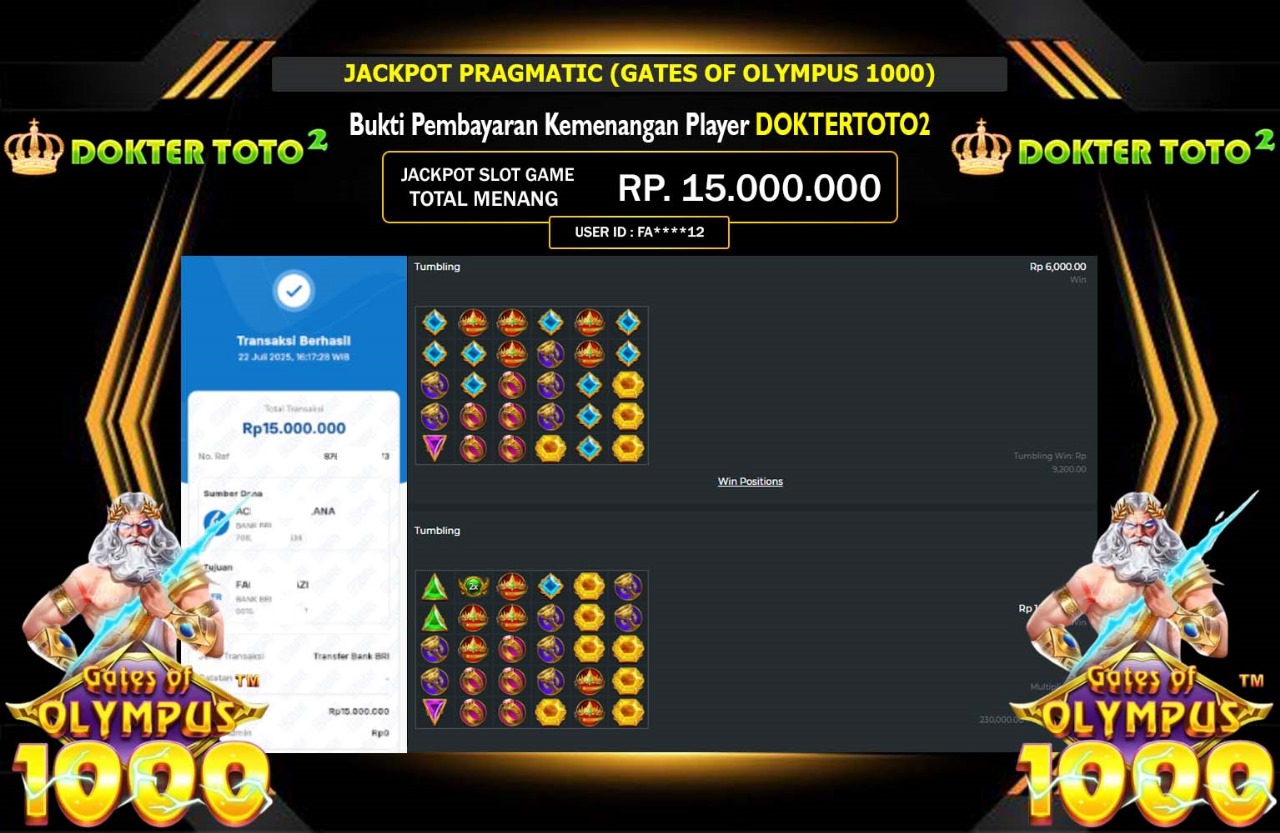 DOKTERTOTO2 JACKPOT PRAGMATIC GATES OF OLYMPUS 1000 Rp.15.000.000,- LUNAS