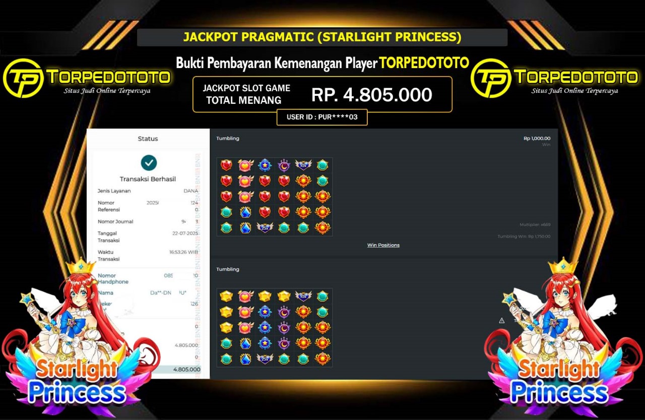 TORPEDOTOTO JACKPOT PRAGMATIC STARLIGHT PRINCESS Rp.4.805.000,- LUNAS