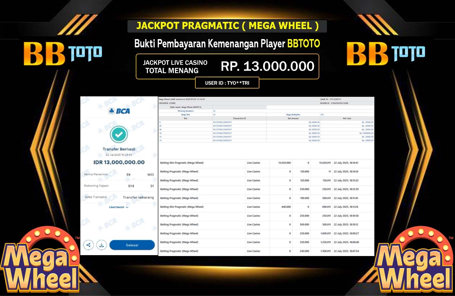 BBTOTO JACKPOT PRAGMATIC MEGA WHEEL Rp.13.000.000,- LUNAS
