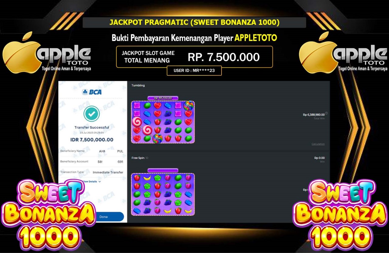 APPLETOTO JACKPOT PRAGMATIC SWEET BONANZA 1000 Rp.7.500.000,- LUNAS