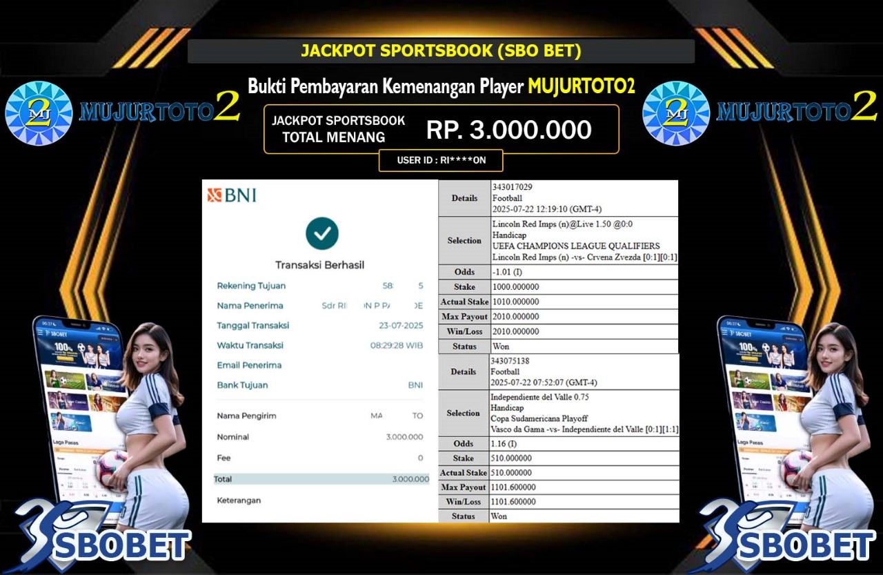 MUJURTOTO2 JACKPOT SPORTSBOOK SBO BET Rp.3.000.000,- LUNAS