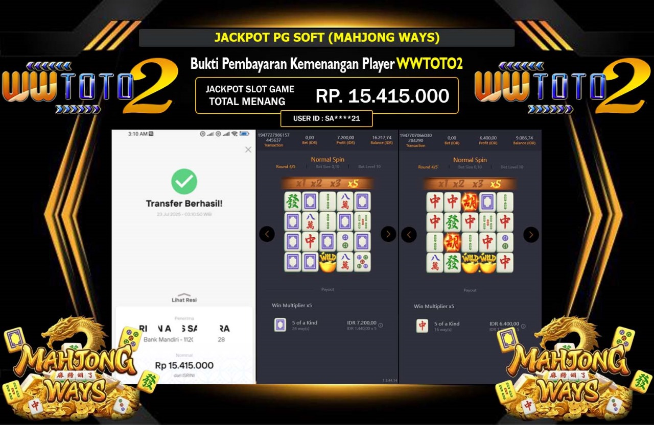WWTOTO2 JACKPOT PG SOFT MAHJONG WAYS Rp.15.415.000,- LUNAS